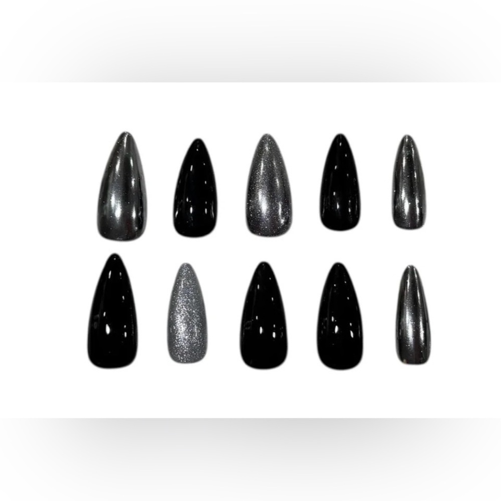 Dark matter black & chrome Press-On Stiletto Nails - premium gel handcrafted